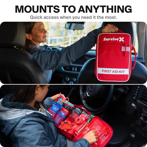 SurviveX Large First Aid Kit in red, mounted in a car and opened to reveal medical supplies