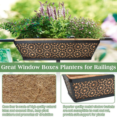 Heavy Duty 24 Inch Metal Planter Boxes For Windowsill And Balcony Railings With Coco Coir Liners 2 Pack Rustproof Powder Coated Finish