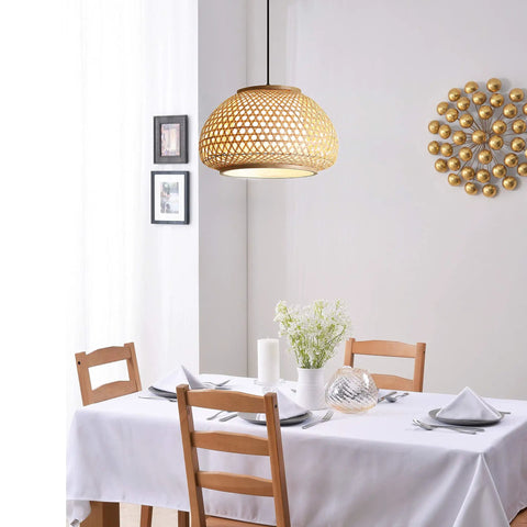 Retro Bamboo Dome Flush Mount Ceiling Light With Adjustable Cord Up To 23.62 Inches over dining table with white tablecloth.