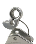 Close-up of Arborist Rope Grab With Removable Cam And Fixed Bolt And Nut in silver metal, shown in profile view.