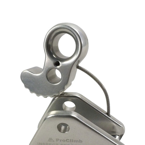 Close-up of Arborist Rope Grab With Removable Cam And Fixed Bolt And Nut in silver metal, shown in profile view.