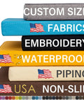 Custom Size Bench Cushion For Indoor Outdoor Use With 70D Foam Waterproof Cover Embroidery And Made To Your Specs Fits Patio Couch Bay Window Chair Sofa Swing Garden Seat And Breakfast Nook features stack of various colored cushions with labels: custom size, fabrics, embroidery, waterproof, piping, non-slip.