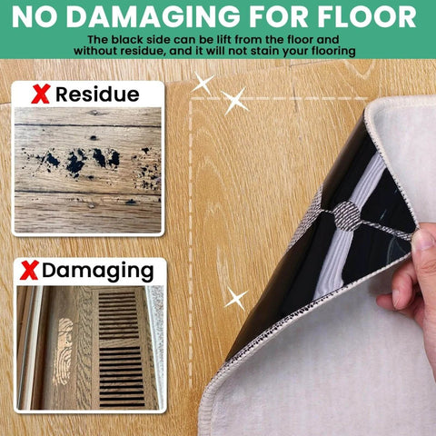 Non Slip Rug Corner Grippers Pack Of 8 showing residue-free adhesive and damage prevention on hardwood floors