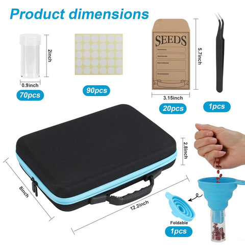 Seed Storage Organizer Kit With 70 Slots, 20 Seed Envelopes, Label Cards, Funnel And Tweezer, dimensions and components overview