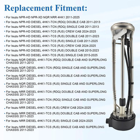 Isuzu Diesel Exhaust Fluid Level Sensor Replacement For NPR HD NPR XD NQR NRR 4HK1 Engines with fitment chart in background
