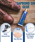 Tube of Slow Dry Shoe Glue For Sole Repair Pro Grade Waterproof Clear Adhesive next to a brown boot on wooden floor.