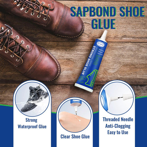 Tube of Slow Dry Shoe Glue For Sole Repair Pro Grade Waterproof Clear Adhesive next to a brown boot on wooden floor.
