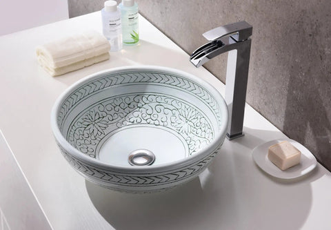 Decorative Cadence Series Tempered Vessel Sink in Glossy White, 16.1 in L x 16.1 in W x 6.5 in H, with chrome pop up drain