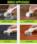 WorkPro Cordless Electric Scissors Rechargeable Power Rotary Cutter For Fabric Leather Metal Paper And Carpet Heavy Duty DIY Tool Easy Grip Ergonomic Design used on metal sheet, cardboard, textile, and leather.