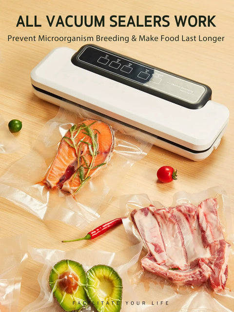 Sealed vacuum bags with meat and vegetables using 11 Inch By 150 Foot Food Vacuum Seal Roll With Cutter Dispenser For Any Vacuum Sealer Pro Grade BPA Free Bags Great For Storage Meal Prep Sous Vide And Everyday Kitchen Tasks
