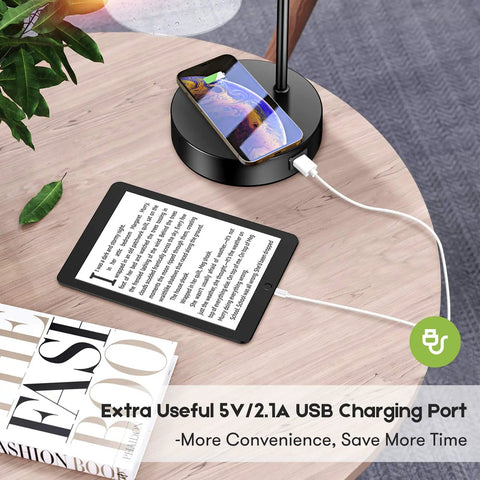 Set Of 2 Industrial Wireless Charging Desk Lamps With 3 Way Touch Control Dimmable Lighting USB Port on wooden table