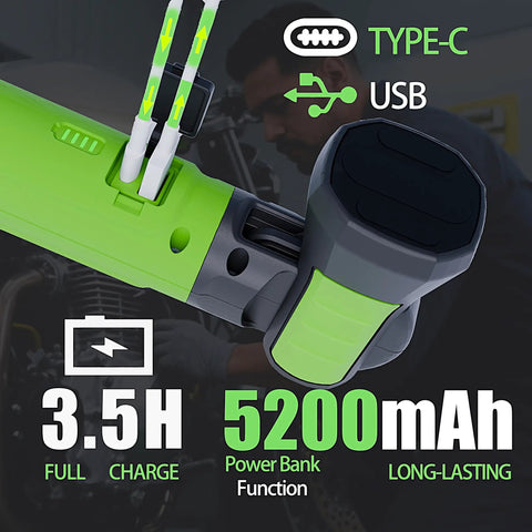 Close-up of Magnetic 3000LM Rechargeable LED Work Light Bar With 5200mAh Battery showing USB-C charging and power bank feature