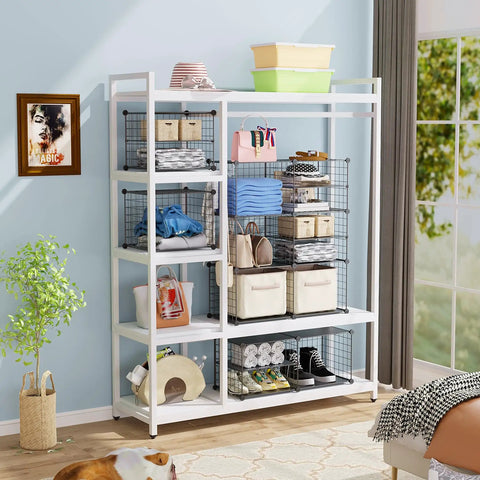 Interlocking Metal Wire Cube Storage Unit With Divider Design in living room, displaying folded clothes and baskets.