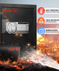 2.5 Cu Ft Steel Digital Safe Box For Home And Office Security With LED Light Electronic Lock External Power Port Built Tough Anti Pry Construction Great For Documents Money Jewelry And Valuables, shown with heat resistance features and flames.