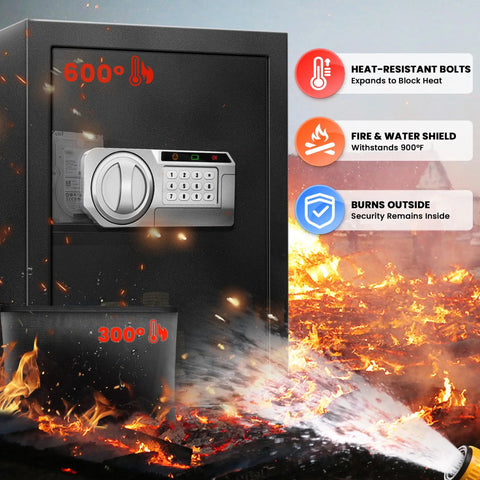 2.5 Cu Ft Steel Digital Safe Box For Home And Office Security With LED Light Electronic Lock External Power Port Built Tough Anti Pry Construction Great For Documents Money Jewelry And Valuables, shown with heat resistance features and flames.