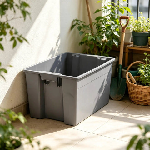 Medium Open Top Stackable Plastic Storage Bin With Reinforced Carry Handles Heavy Duty Gray Utility Tote placed in a garden.