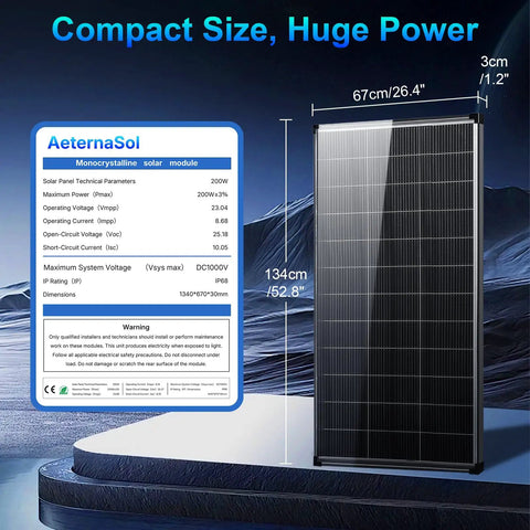 Heavy Duty 200 Watt Bifacial Solar Panel 2 Piece Bundle 12V N Type attached with specs displayed on a dark background.