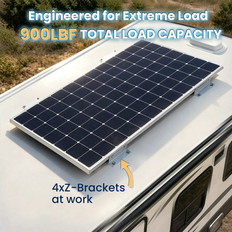 8 Piece Heavy Duty Z Brackets Solar Panel Mounting Kit with stainless steel hardware, solar panel secured on rooftop.