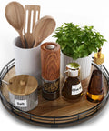 Kick Your Kitchen Clutter To The Curb With This Smooth Spinning Acacia Wood Lazy Susan Turntable Organizer And Round Wooden Tray for spices and utensils.