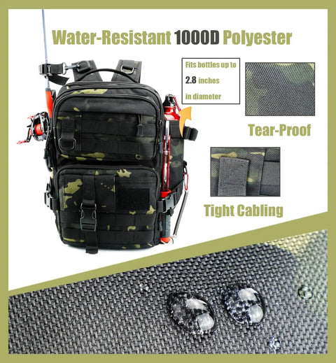 Small Fishing Backpack With Rod Holder, Water Resistant Tackle Bag For Box Storage, Durable Go To Fishing Gear Pack shown close-up