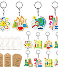 Science Party Favors 12 Pack Keychains With Thank You Kraft Tags And Organza Bags For Scientist Theme Birthday Party, Classroom Rewards, School Event Supplies, Easy Gift Set For Guests displaying assorted science-themed keychains, gift bags, and tags.