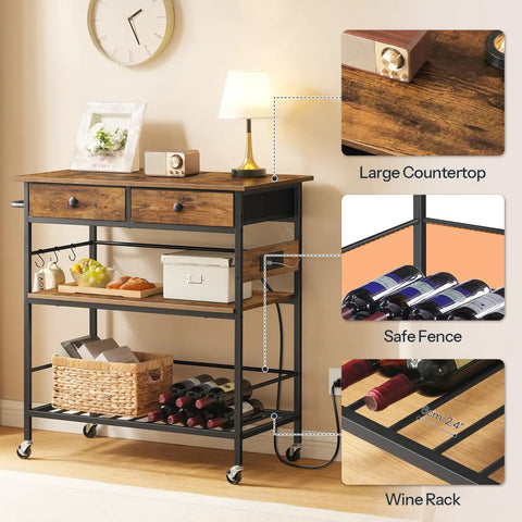 Rolling Kitchen Island With Storage, Movable Cart With Two Drawers And Built In Outlet, three tier shelves, wine rack