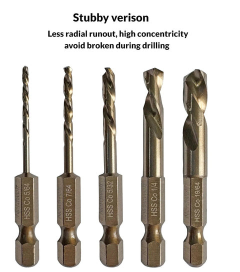 Hardworking Stubby Left Hand Reverse Drill Bit And Screw Extractor Set, 10-Piece M35 Cobalt Bits With 1/4 Inch Hex Shanks