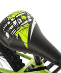 Close-up of padded saddle on Growth Ready Kid Bike with 12 16 and 20 Inch Wheels, removable training wheels, BMX style, green frame