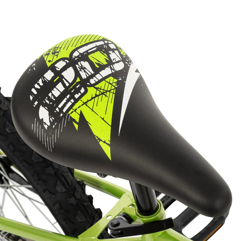 Close-up of padded saddle on Growth Ready Kid Bike with 12 16 and 20 Inch Wheels, removable training wheels, BMX style, green frame