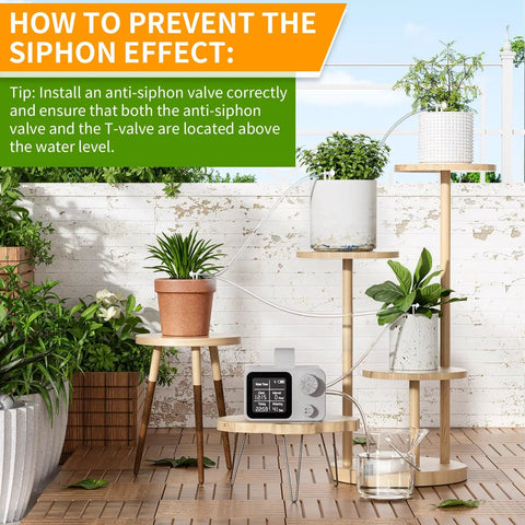 Set It And Forget It No Fuss Automatic Plant Watering System with three-tier stand and plants indoors.