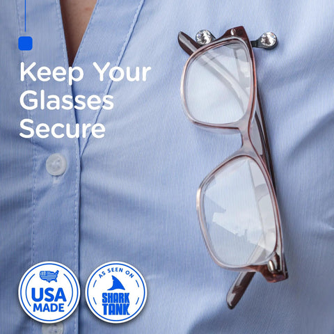 Shirt with Magnetic Eyeglass Holder Clip For Sunglasses And Safety Glasses Stainless Steel With Crystals USA Made Eyewear Accessory