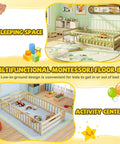 Totally Kid Approved Wooden Floor Bed With Secure Lockable Door And Heavy Duty Guardrails, Low Profile Montessori Sleeping Platform For Toddlers, Skip The Box Spring, Built Tough And Super Cozy in a cozy room setting.