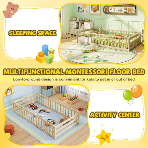 Totally Kid Approved Wooden Floor Bed With Secure Lockable Door And Heavy Duty Guardrails, Low Profile Montessori Sleeping Platform For Toddlers, Skip The Box Spring, Built Tough And Super Cozy in a cozy room setting.