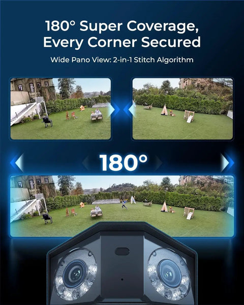 Dual-Lens 16MP UHD PoE Security Camera With 180-Degree Panoramic View showing yard coverage, motion tracking, color night vision.