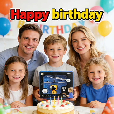 Family celebrating birthday with Hand Controlled Mini Drone For Kids 6 To 12 With LED Lights Indoor Flying Toy gift.