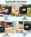 Compact Countertop Dishwasher Portable Unit With Smart Touchpad And 5 Liter Built Tank Ultra Quiet 40 Db Cycle No Sweat Install in kitchen and dorm settings.