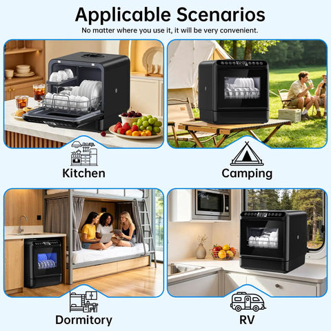 Compact Countertop Dishwasher Portable Unit With Smart Touchpad And 5 Liter Built Tank Ultra Quiet 40 Db Cycle No Sweat Install in kitchen and dorm settings.