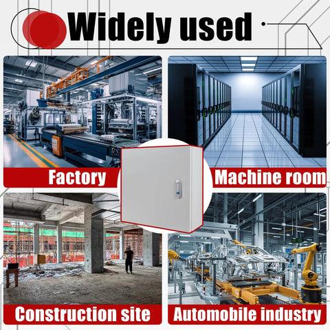 Rock Solid 16X16X6 Inch Electrical Junction Box With Safety Locks Wall Mounted Indoor Outdoor Steel Enclosure in a factory setting.