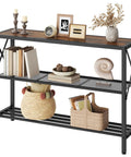 Hella Sturdy Industrial Console Table With Three Tier Open Shelving Slick Black Metal Frame And Rustic Brown Wood Top For Narrow Entryways Hallways Behind Sofa Spots Badass Home Decor Picks with books and decorative items