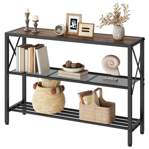 Hella Sturdy Industrial Console Table With Three Tier Open Shelving Slick Black Metal Frame And Rustic Brown Wood Top For Narrow Entryways Hallways Behind Sofa Spots Badass Home Decor Picks with books and decorative items