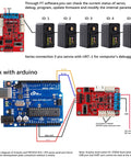 Diagram showing series connection of 5 servos with PC interface and Arduino for Two Pack 12V 30Kg Dual Axis TTL Serial Bus Servo applications.