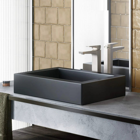 22-Inch Ceramic Rectangle Vessel Sink Matte Black Sick Matte Finish For Above-Counter Install, Scratch-Resistant Non-Porous Ceramic