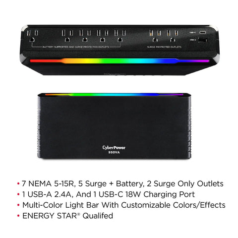 GX950UC Gaming UPS Battery Backup and Surge Protector for Gaming PCs with RGB lighting and USB charging ports shown front and top view.