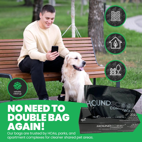 Man with dog on park bench next to Bulk Pack Of 2000 Pet Waste Bags In Roll Format, Heavy Duty Pro-Grade Dog Poop Bags For Parks, HOAs And Residential Use, Dog Waste Station Bags Compatible With Poop Station Dispensers.