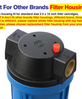 Close-up of 10 Inch Blue Whole House Water Filter Housing With Three Quarter Inch Brass Port Air Relief Valve Slim Two Point Five by Ten Inch Fits Standard Cartridges Housing Only Includes Wrench And Bracket with highlighted text on compatibility.