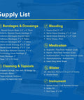 Ultralight Watertight Medical Kit.9 For Up To 4 People And 4 Days supply list detailing bandages, medications, and blister care items.