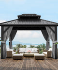 Built Tough 10 Foot By 12 Foot Aluminum Hardtop Gazebo With Double Metal Roof And All Weather Permanent Outdoor Canopy With Netting And Curtains For Patio, Backyard, Deck Or Lawn
