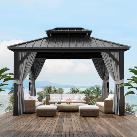 Built Tough 10 Foot By 12 Foot Aluminum Hardtop Gazebo With Double Metal Roof And All Weather Permanent Outdoor Canopy With Netting And Curtains For Patio, Backyard, Deck Or Lawn