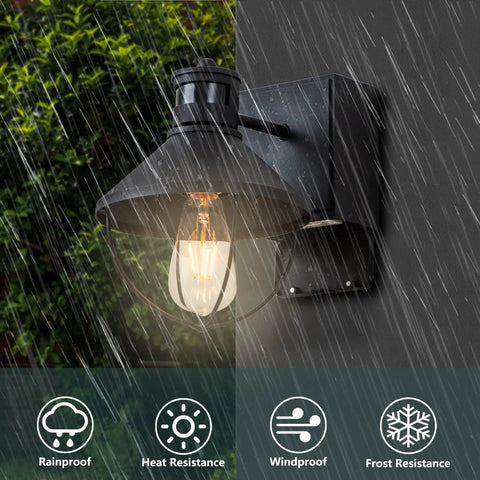 Outdoor Wall Light With GFCI Outlet, 2 Pack, Motion Sensor, Dusk To Dawn in rain, showing durability features
