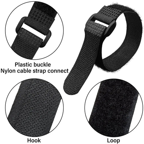 30 Pack Reusable Cable Ties 8 Inch Straight Up Heavy Duty Hook And Loop Velcro Straps showing plastic buckle and nylon connection.